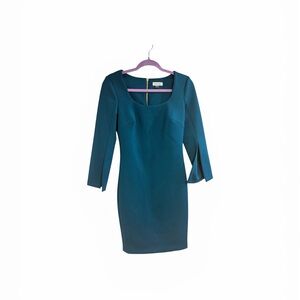 Calvin Klein Teal Sheath Dress with Split Long Sleeves